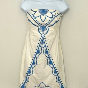 Strapless, blue embroidered Lilly Pulitzer dress with built-in corset
